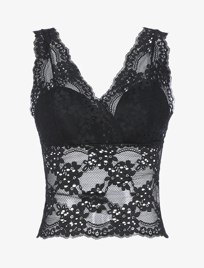Spitzen-Crop-Top mit Muschelsaum - Schwarz