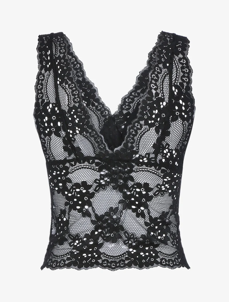 Spitzen-Crop-Top mit Muschelsaum - Schwarz