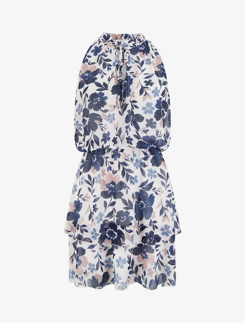 Kleid mit Blumenmuster und elastischer Taille - Marine