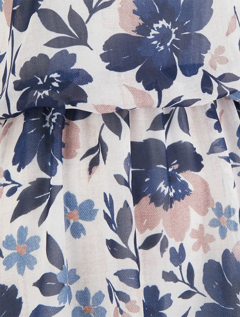Kleid mit Blumenmuster und elastischer Taille - Marine
