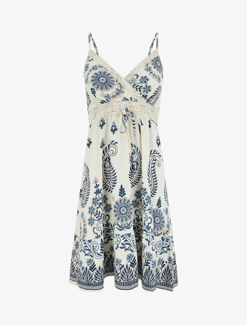 Kleid mit Schal-Print und dünnen Trägern - Marine