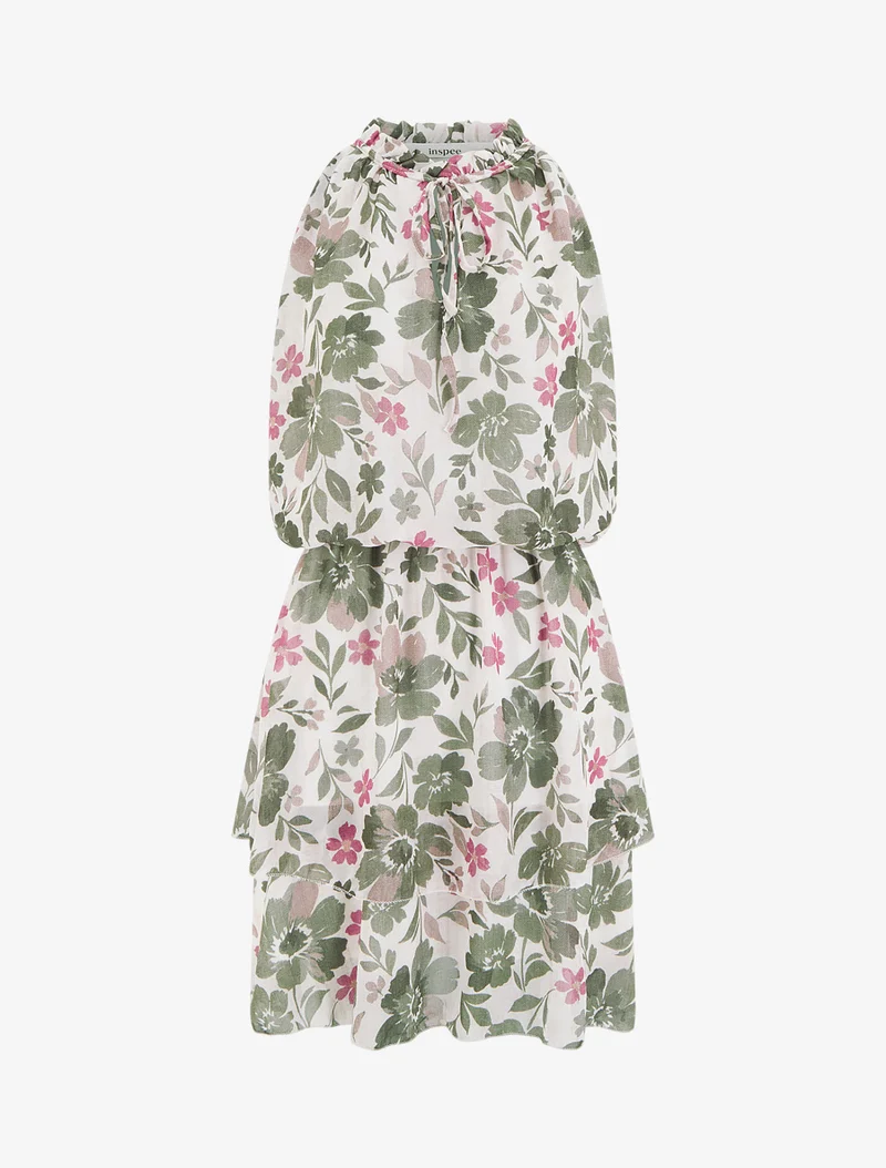 Kleid mit Blumenmuster und elastischer Taille - Kaki