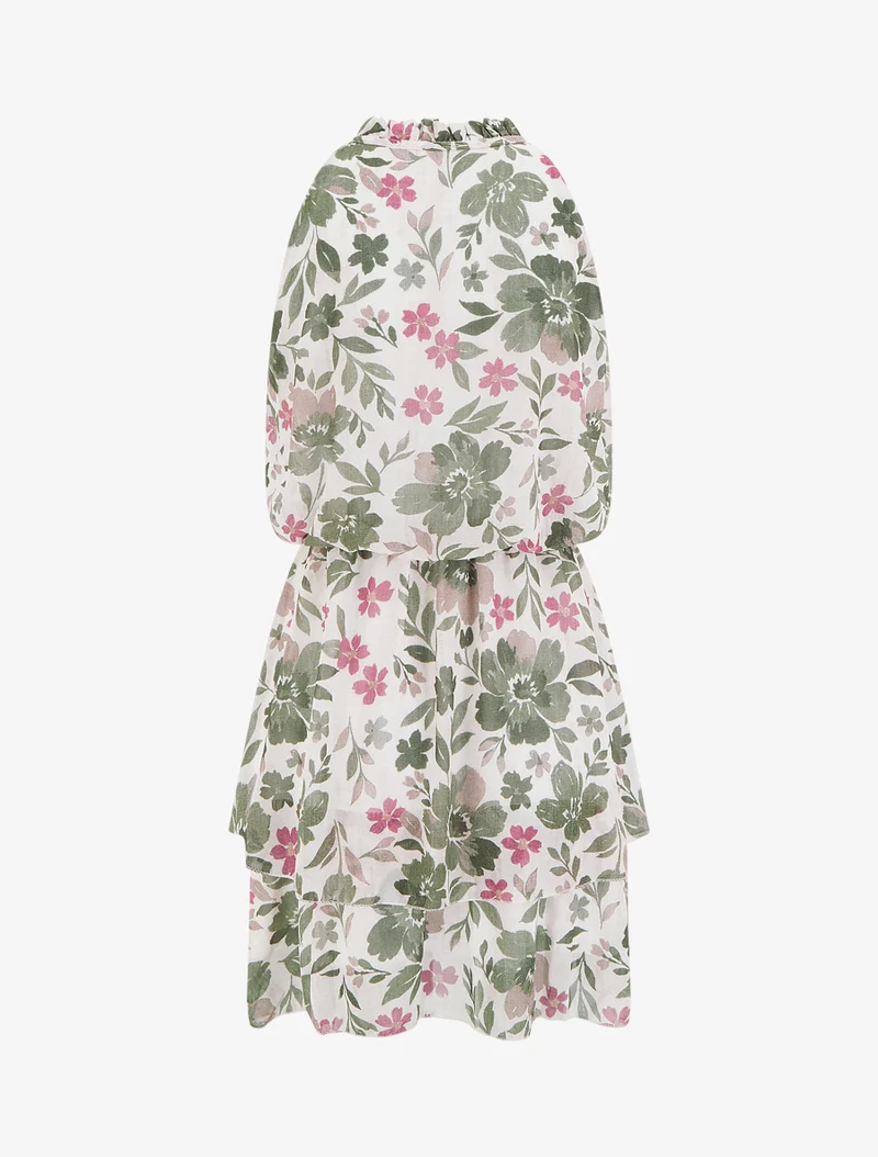 Kleid mit Blumenmuster und elastischer Taille - Kaki