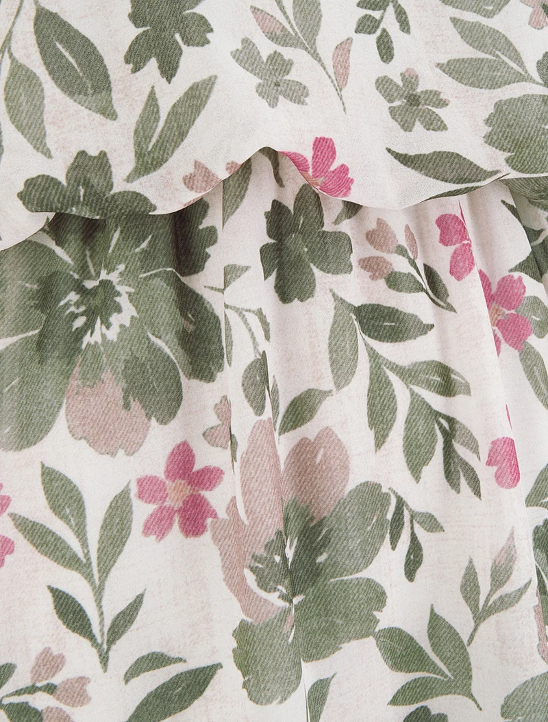 Kleid mit Blumenmuster und elastischer Taille - Kaki