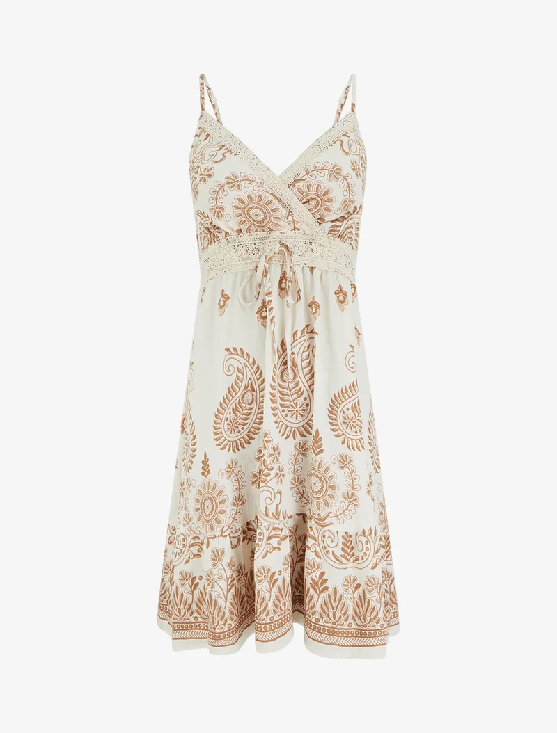 Kleid mit Schal-Print und dünnen Trägern - Kamel