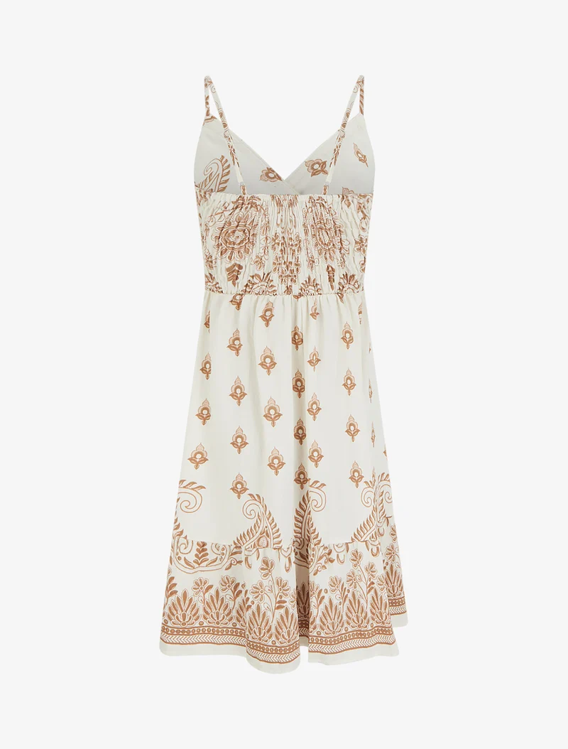 Kleid mit Schal-Print und dünnen Trägern - Kamel