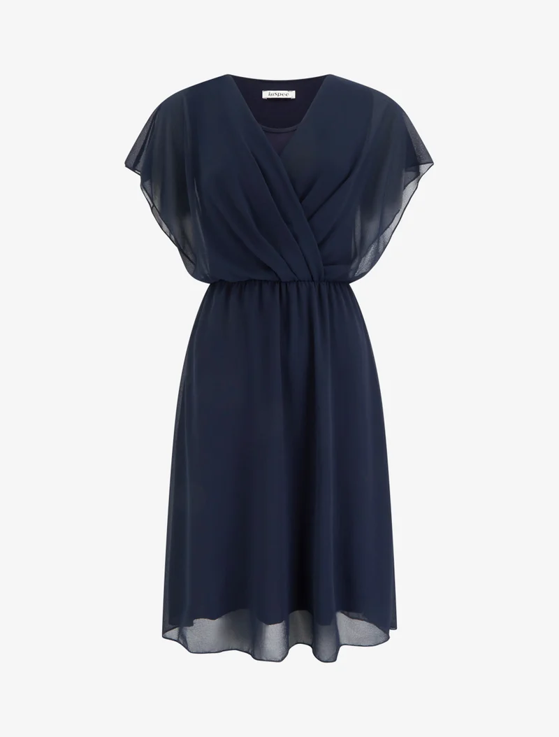 Ausgestelltes Kleid mit kurzen Ärmeln und Wickelausschnitt - Marine