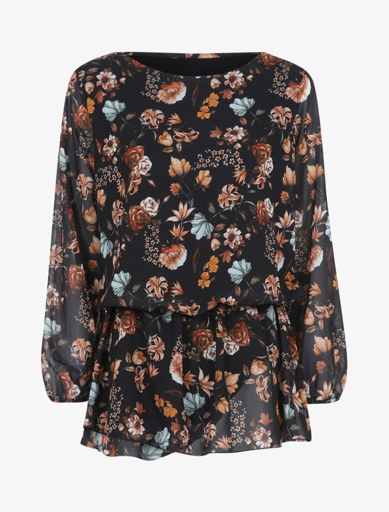 Top im Tunika-Stil mit Blumenmuster - Schwarz