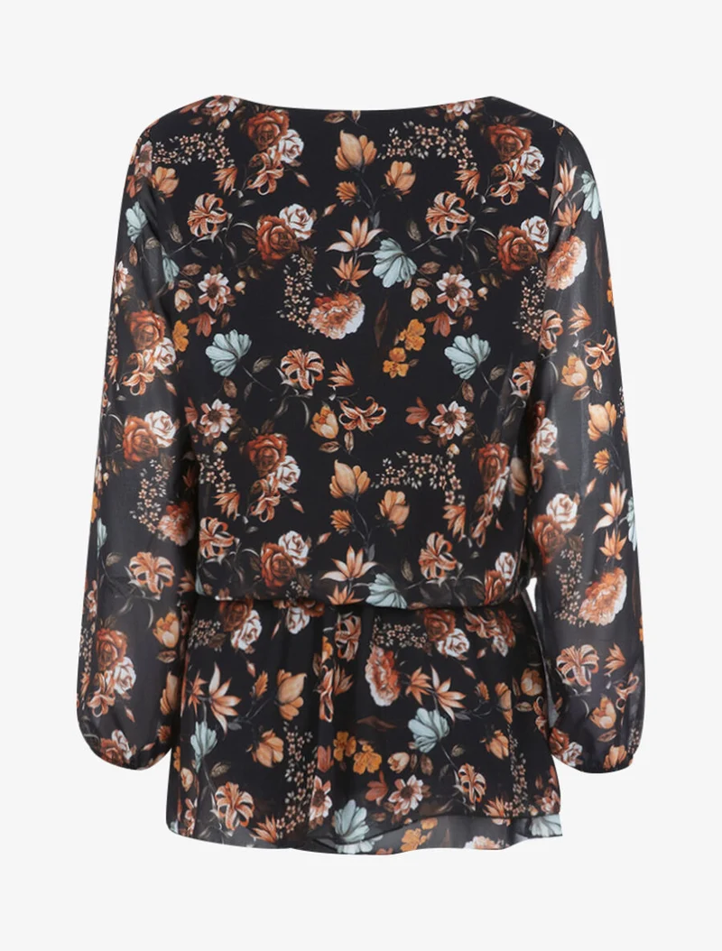 Top im Tunika-Stil mit Blumenmuster - Schwarz