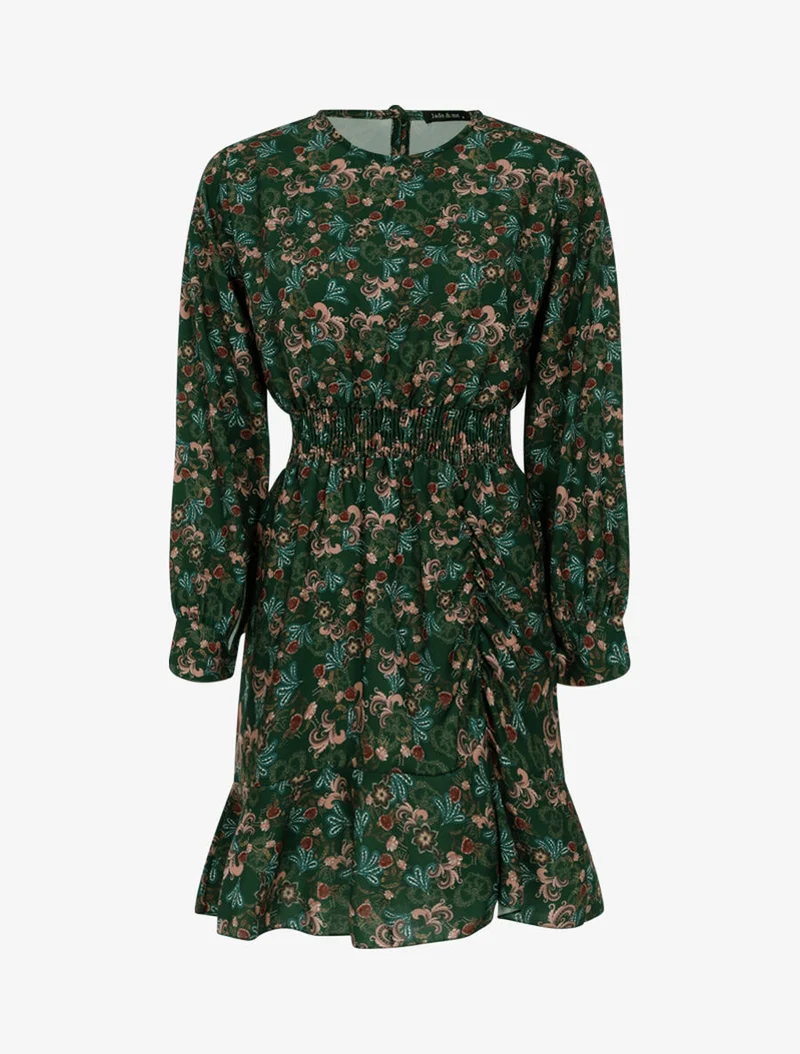 Kurzes Kleid mit barockem Blumenmuster - Grün