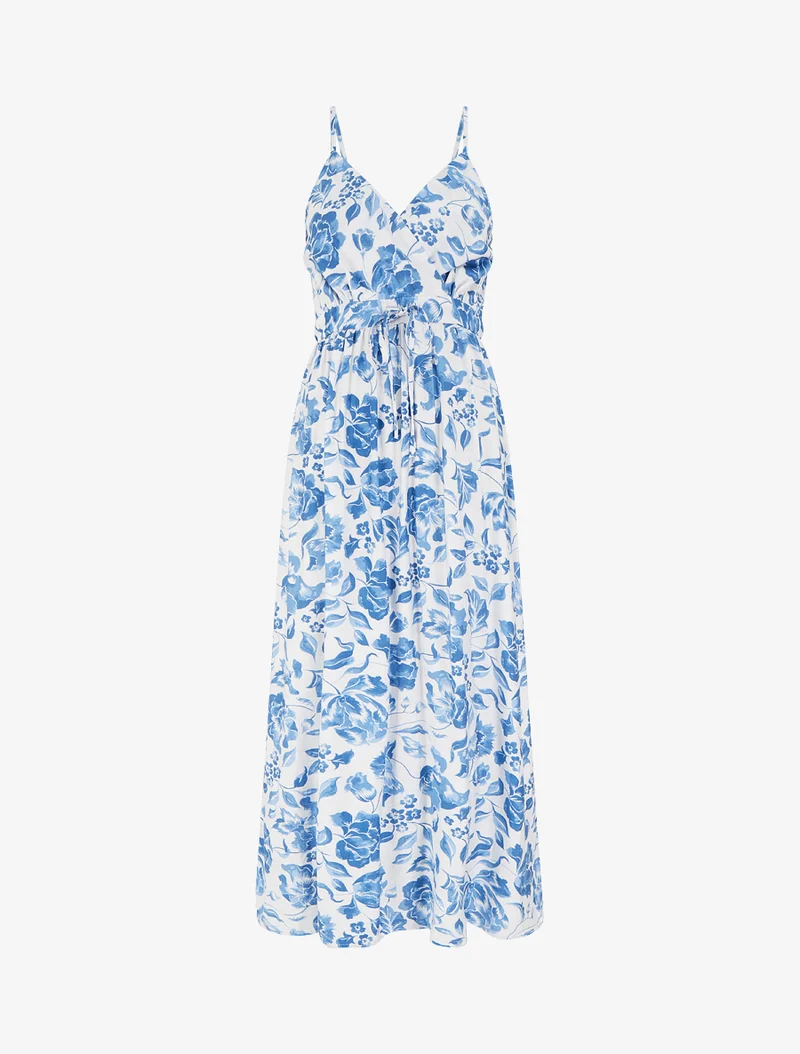 Langes Kleid mit Rosenmuster - Blau