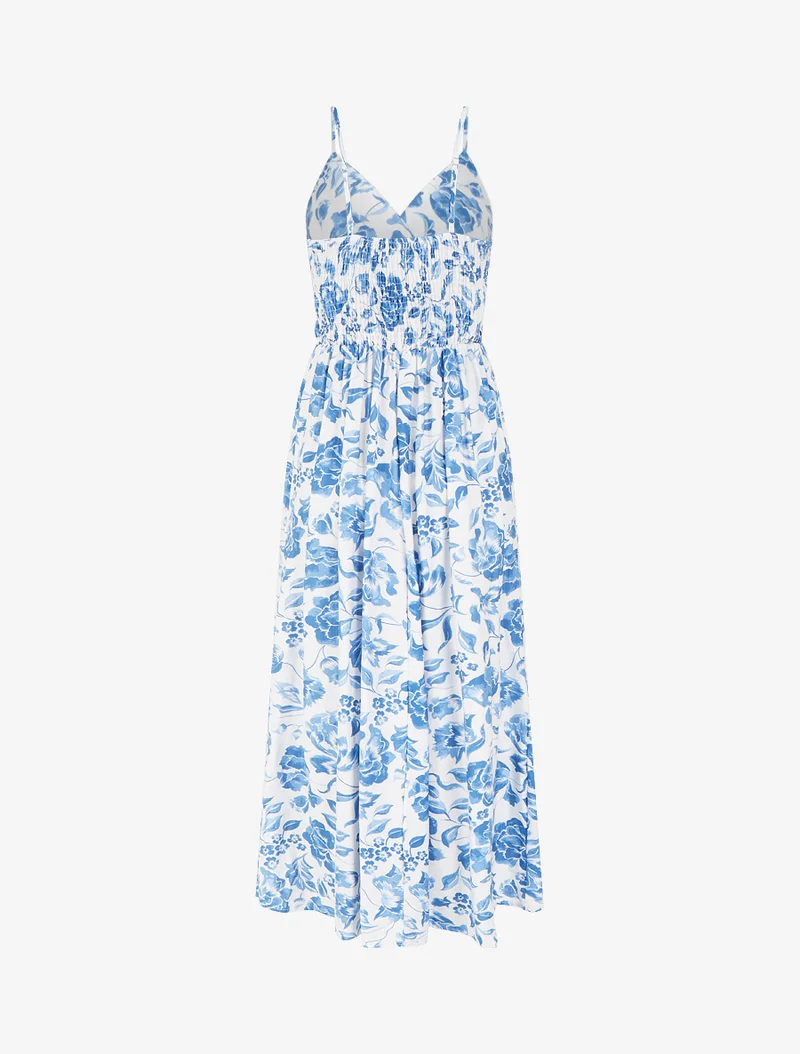 Langes Kleid mit Rosenmuster - Blau