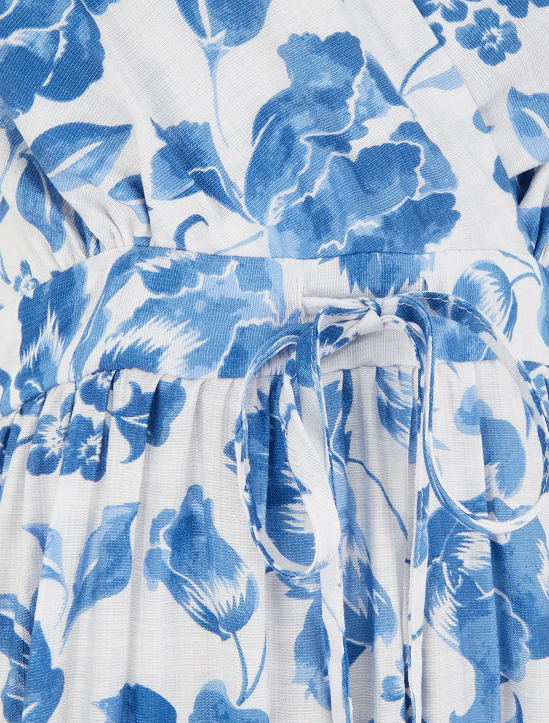 Langes Kleid mit Rosenmuster - Blau