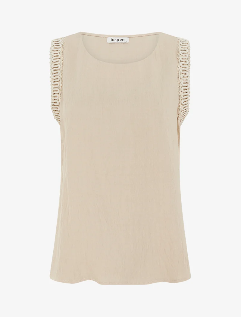 Ärmelloses, gerades Top mit Stickereien - Beige