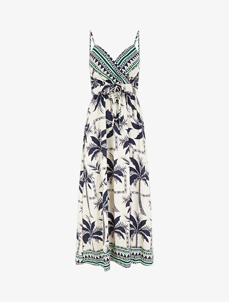 Langes Kleid mit Palmenmuster - Marine