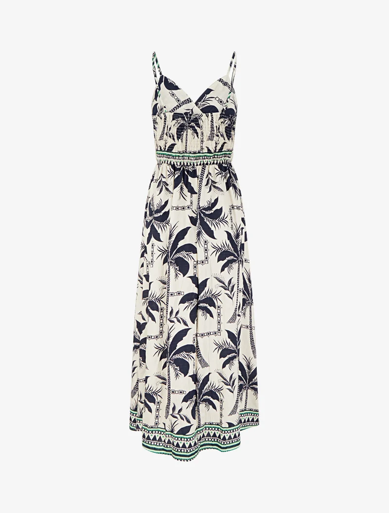 Langes Kleid mit Palmenmuster - Marine