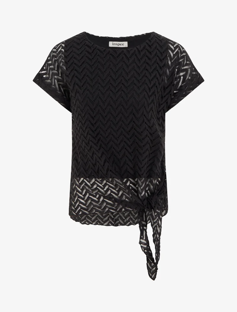 Chevron-Stil Kurzarmstricktop - Schwarz