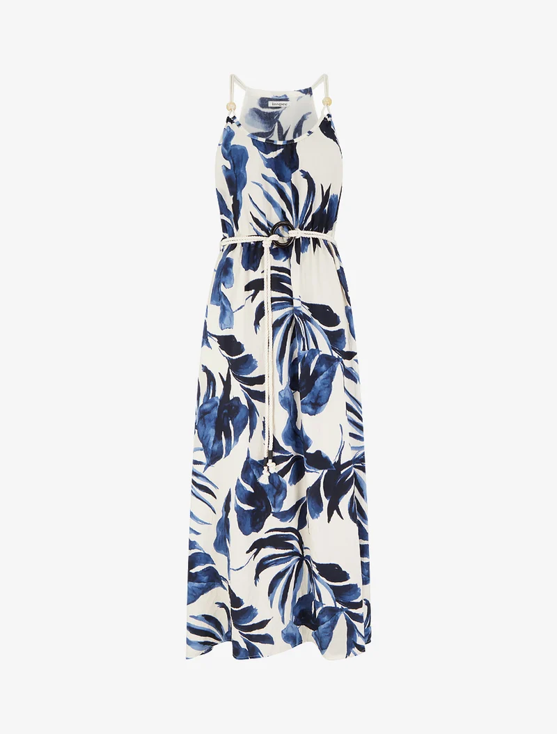 Blätter bedrucktes Kleid mit Kordelträgern - Marine