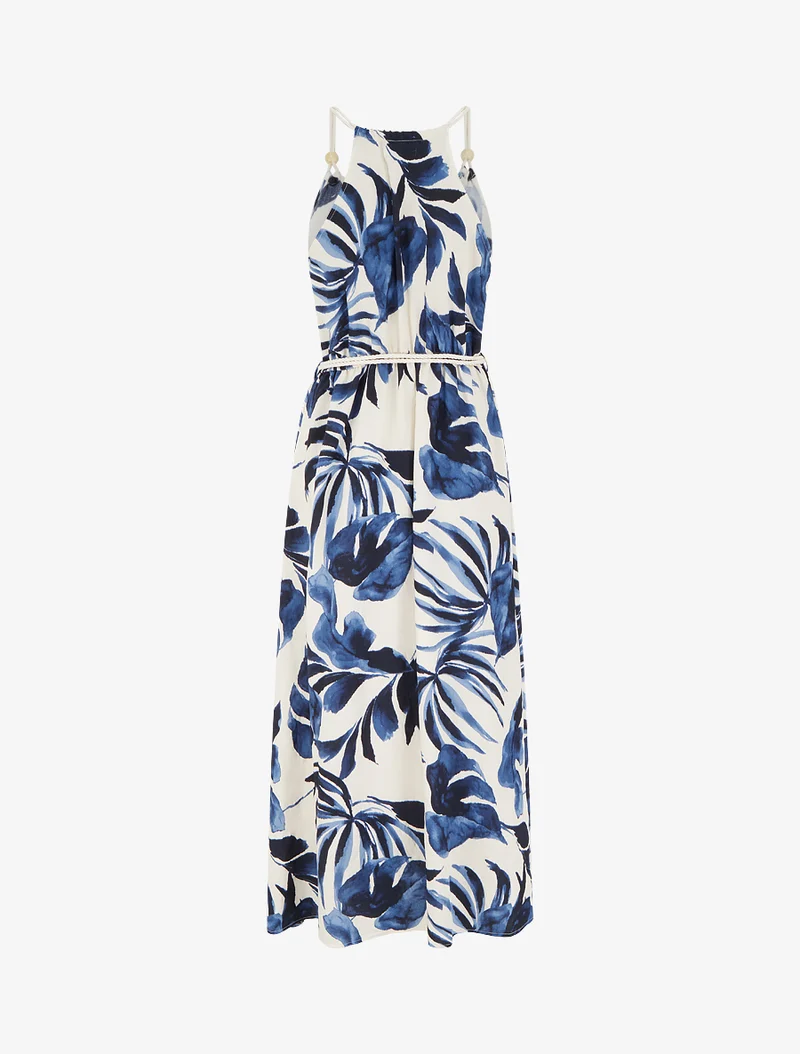 Blätter bedrucktes Kleid mit Kordelträgern - Marine