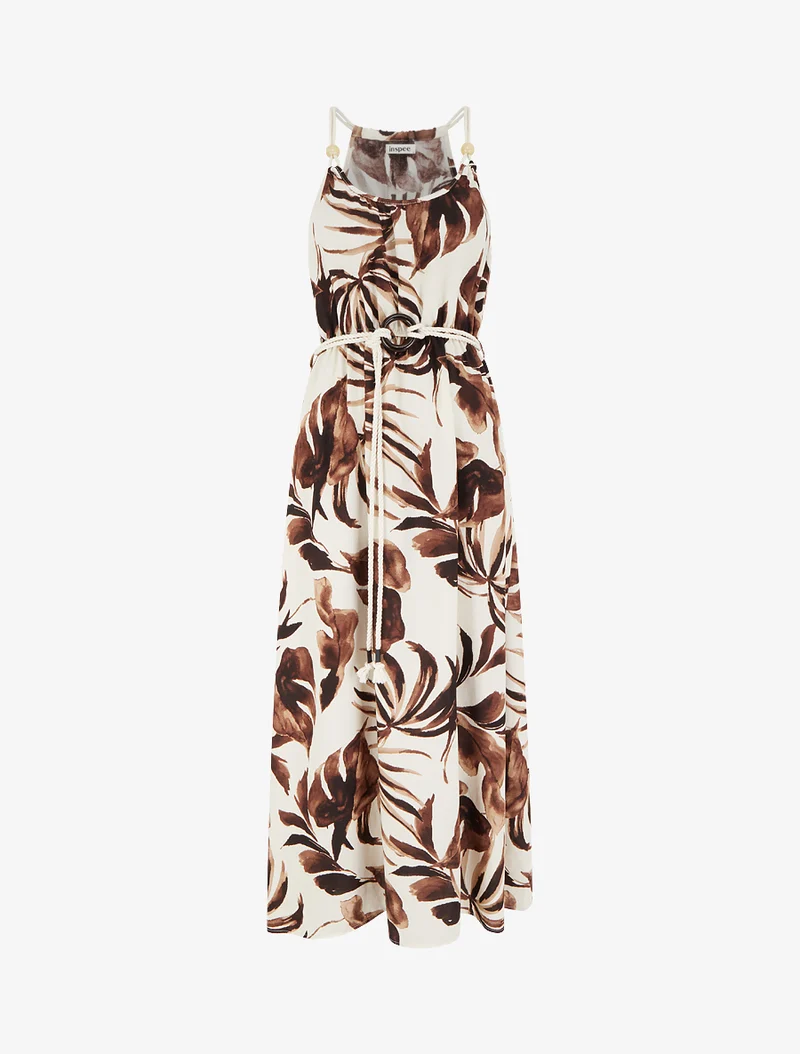 Blätter bedrucktes Kleid mit Kordelträgern - Braun