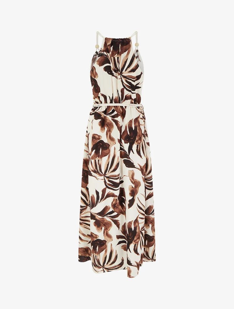 Blätter bedrucktes Kleid mit Kordelträgern - Braun