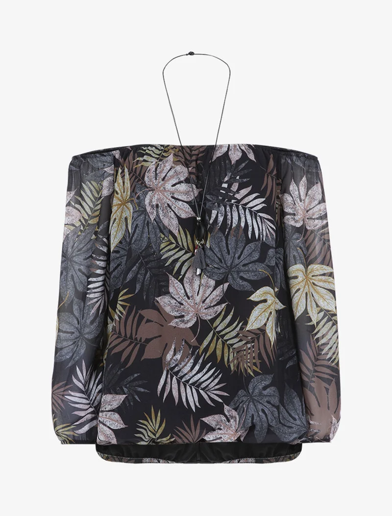 Bluse mit Blattmuster und Halskette - Schwarz