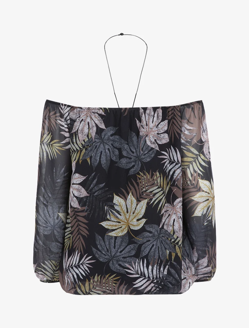 Bluse mit Blattmuster und Halskette - Schwarz