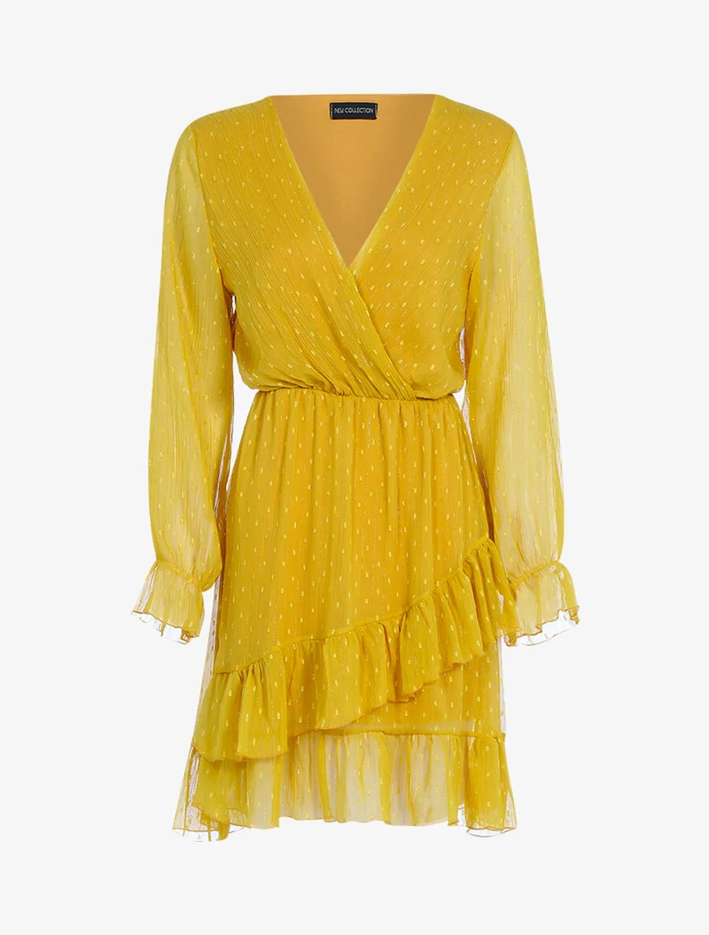 Rüschenkleid mit gestickten Punkten - Senf