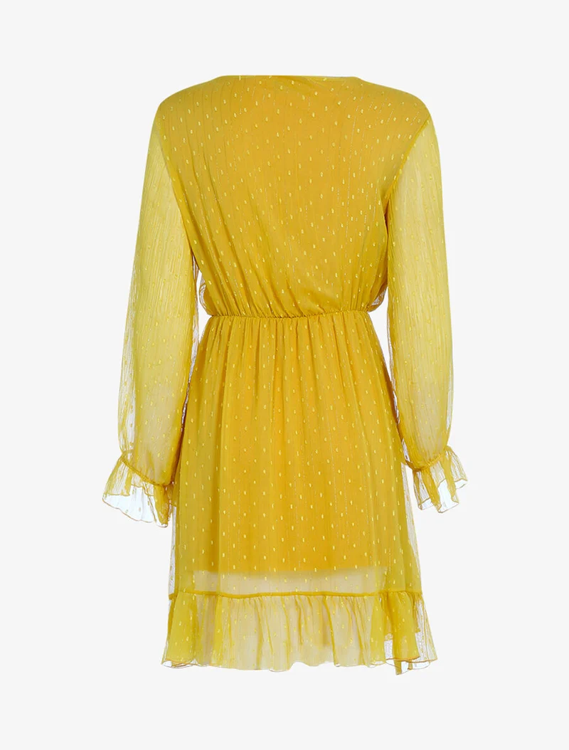 Rüschenkleid mit gestickten Punkten - Senf