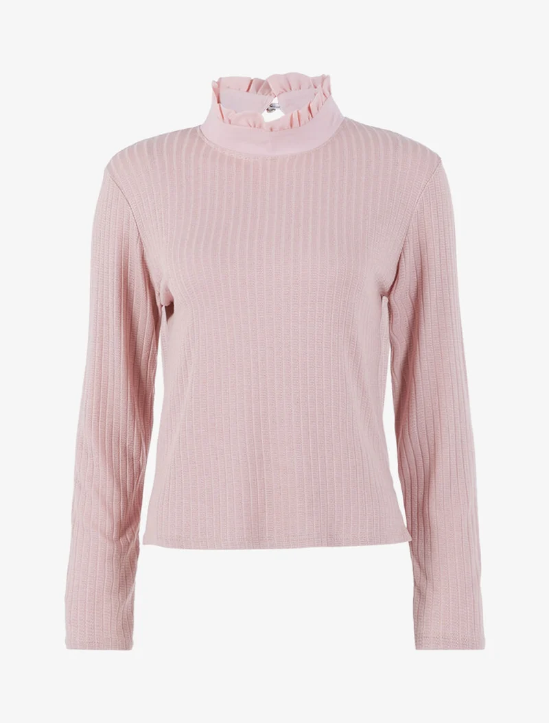 Gerippter Oberteil mit Crêpe-Effekt-Kragen - Rose