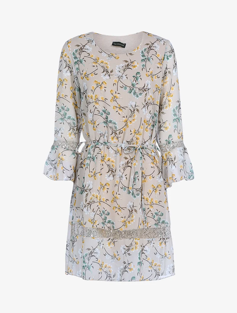 Kleid mit ländlichem Druck und Pailletten - Beige