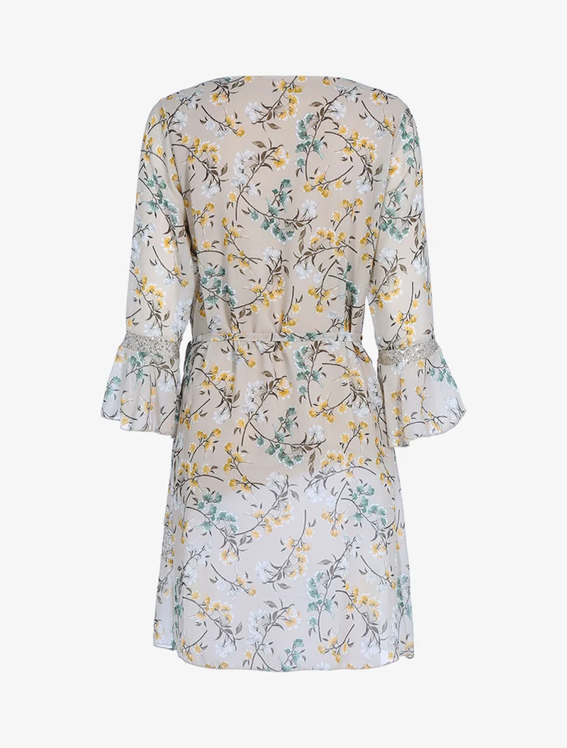 Kleid mit ländlichem Druck und Pailletten - Beige