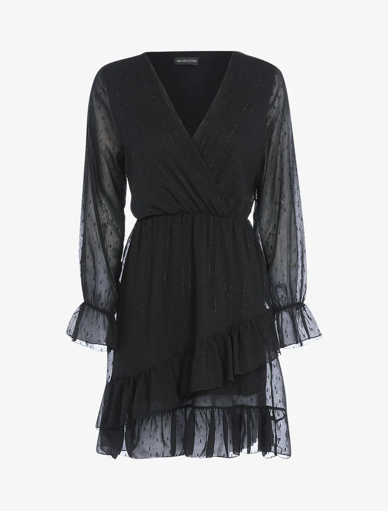 Rüschenkleid mit gestickten Punkten - Schwarz