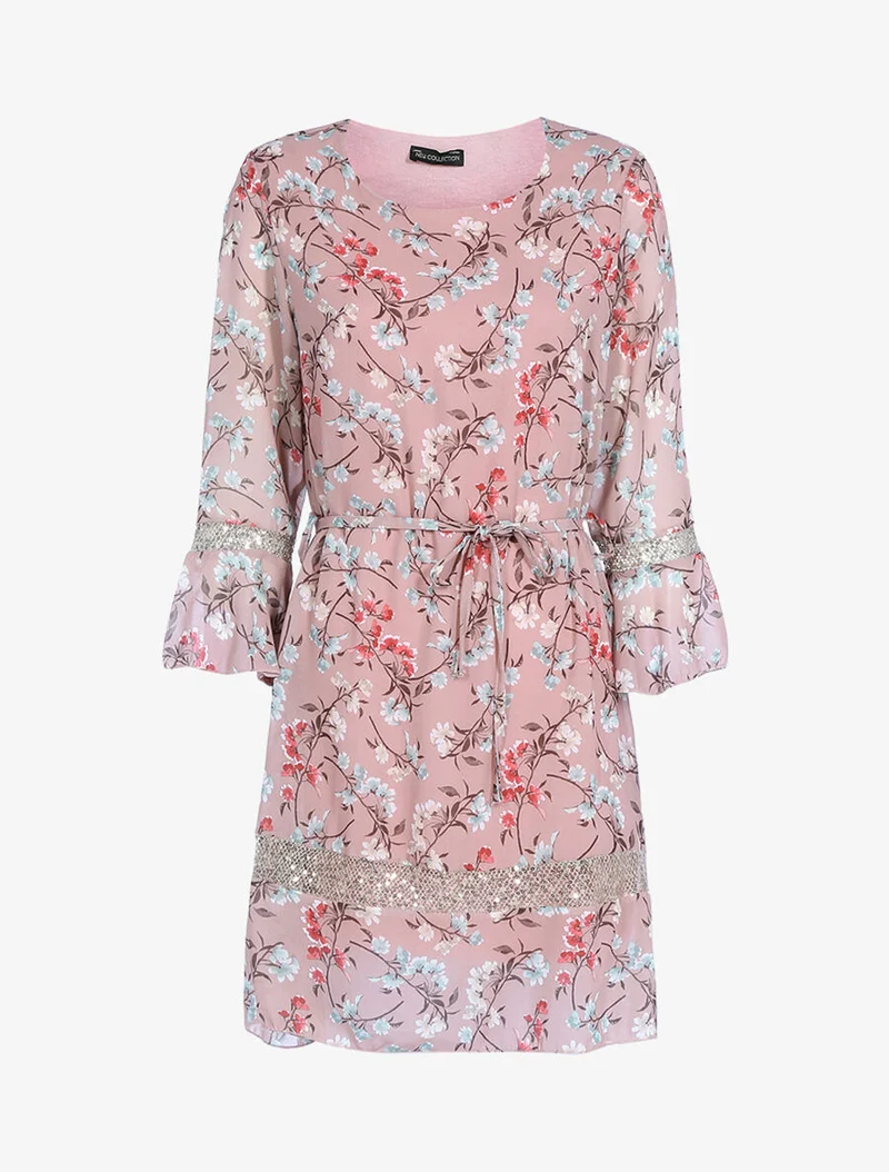 Kleid mit ländlichem Druck und Pailletten - Rose