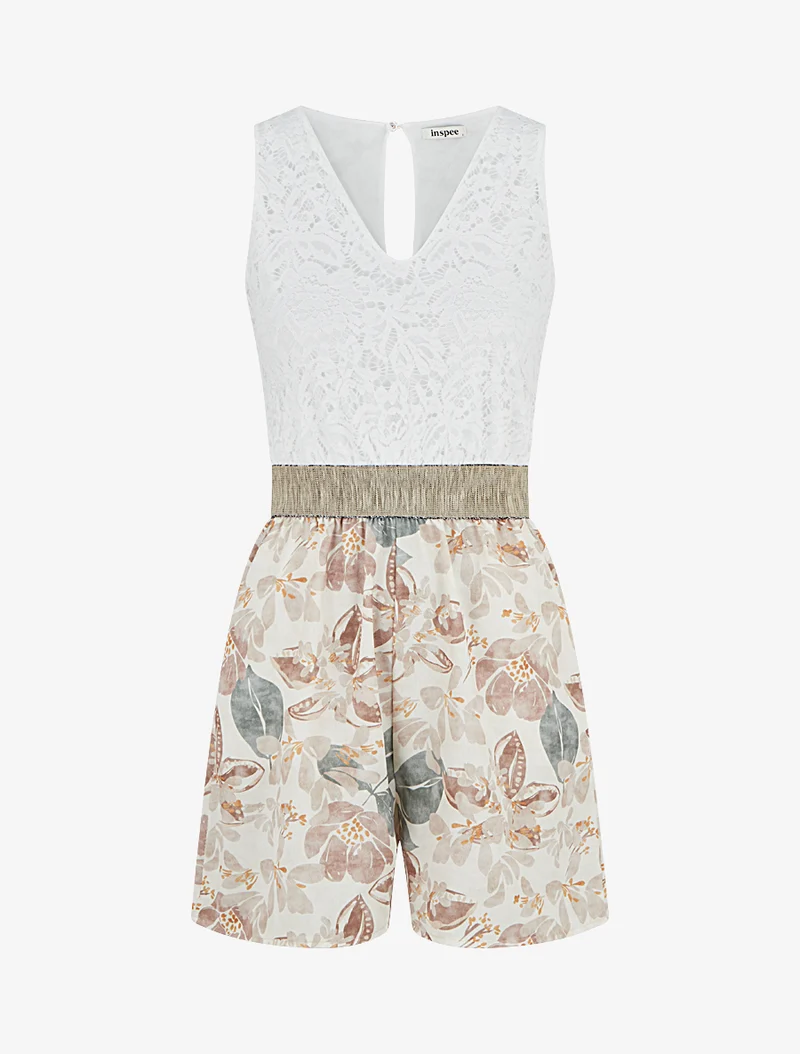 Spitzen-Jumpsuit mit Blumenmuster - Beige