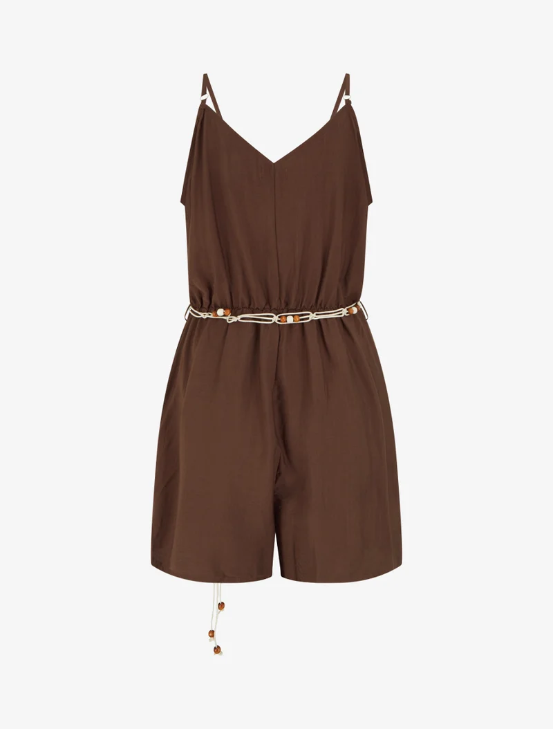 Ärmelloser Jumpsuit mit schmalen Trägern und fantasievollem Kragen - Braun