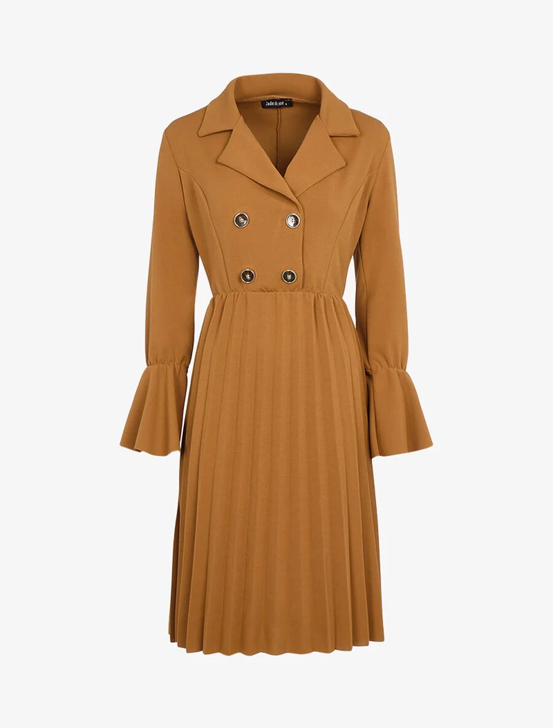 Offiziersstil-Kleid mit plissiertem Saum - Kamel