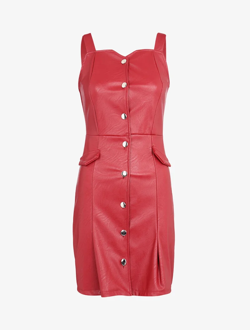 Ärmelloses Kleid in Lederoptik - Bordeaux