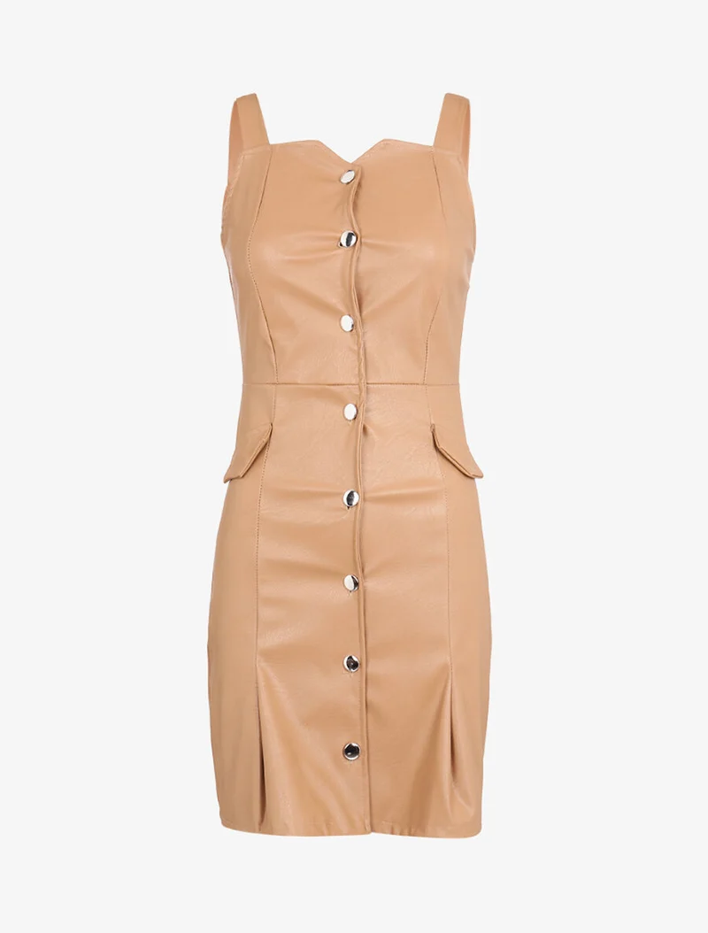 Ärmelloses Kleid in Lederoptik - Kamel