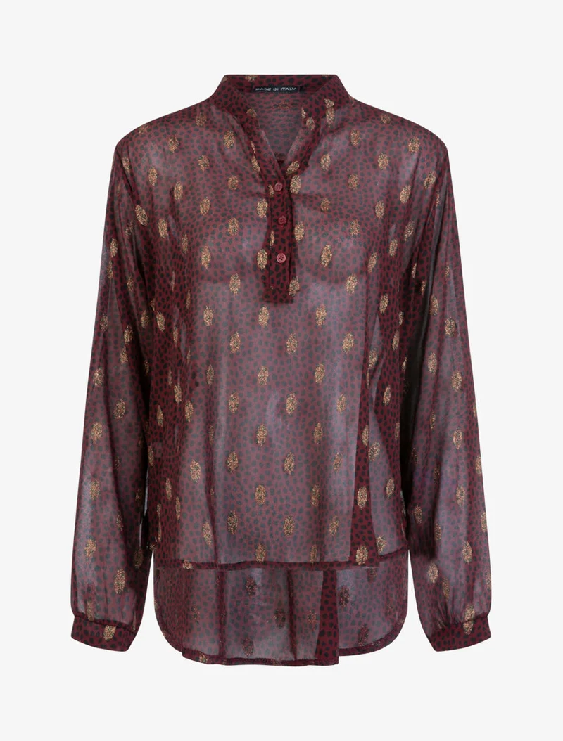 Bluse aus Voile mit getupftem und blättrigem Print - Bordeaux