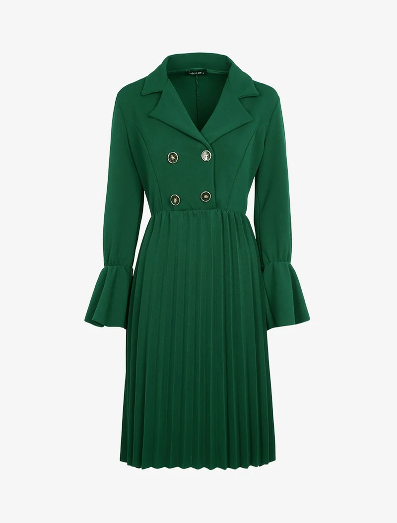 Offiziersstil-Kleid mit plissiertem Saum - Grün