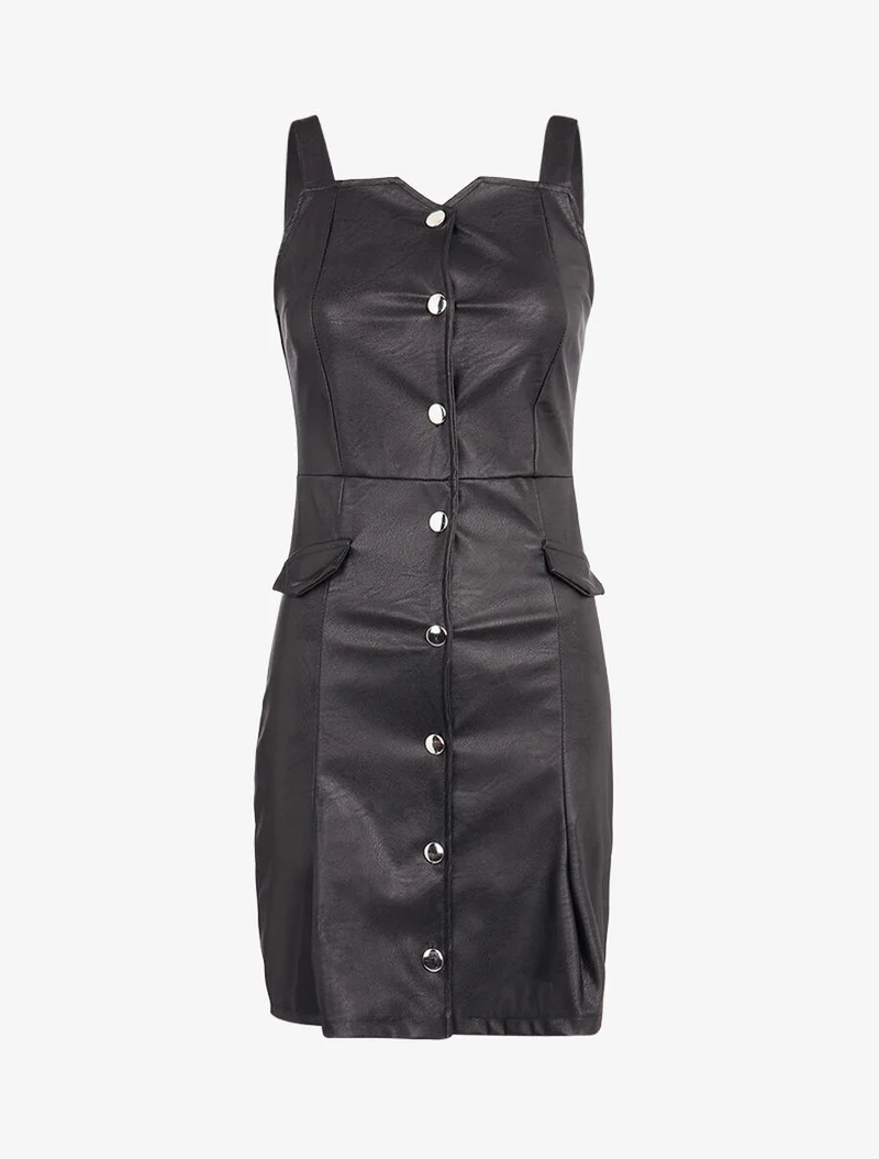 Ärmelloses Kleid in Lederoptik - Schwarz