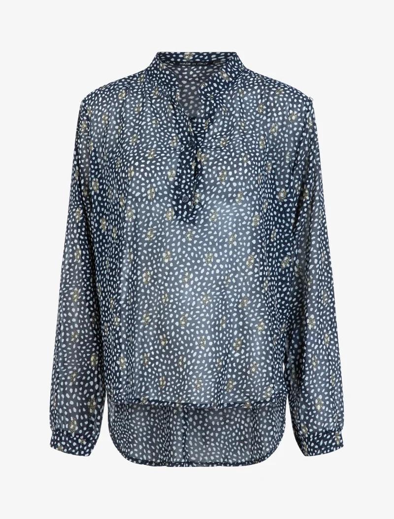Bluse aus Voile mit getupftem und blättrigem Print - Marine