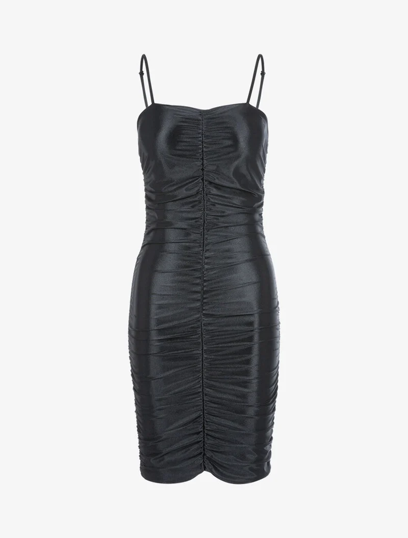 Gerafftes Satin-Kleid - Schwarz
