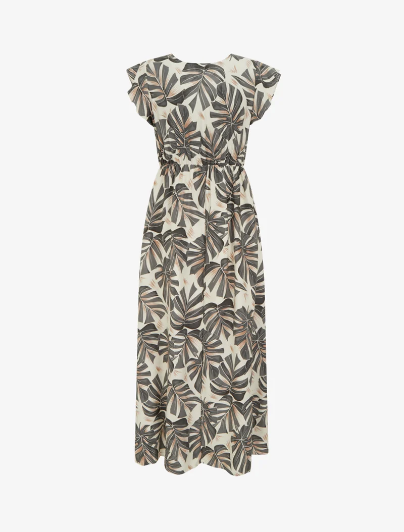 Langes Kleid mit Blätterdruck und kurzen Ärmeln - Grau