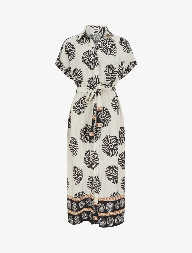 Langes Kleid mit Fantasiemuster und kurzen Ärmeln - Schwarz
