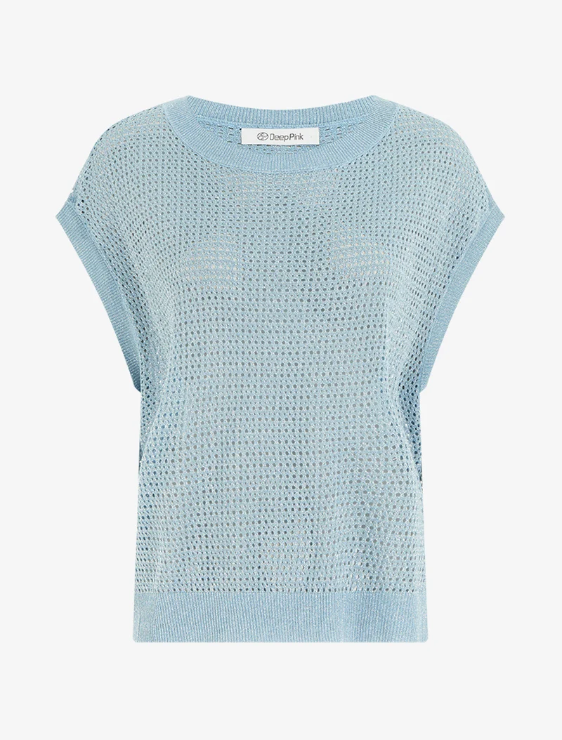 Durchbrochenes und schimmerndes Feinstrick-Top - Himmelblau