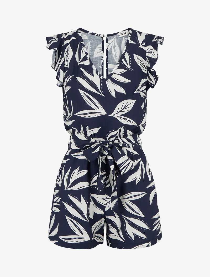 Bedruckter Kurzoverall mit Rüschenärmeln im Blätterdesign - Marine