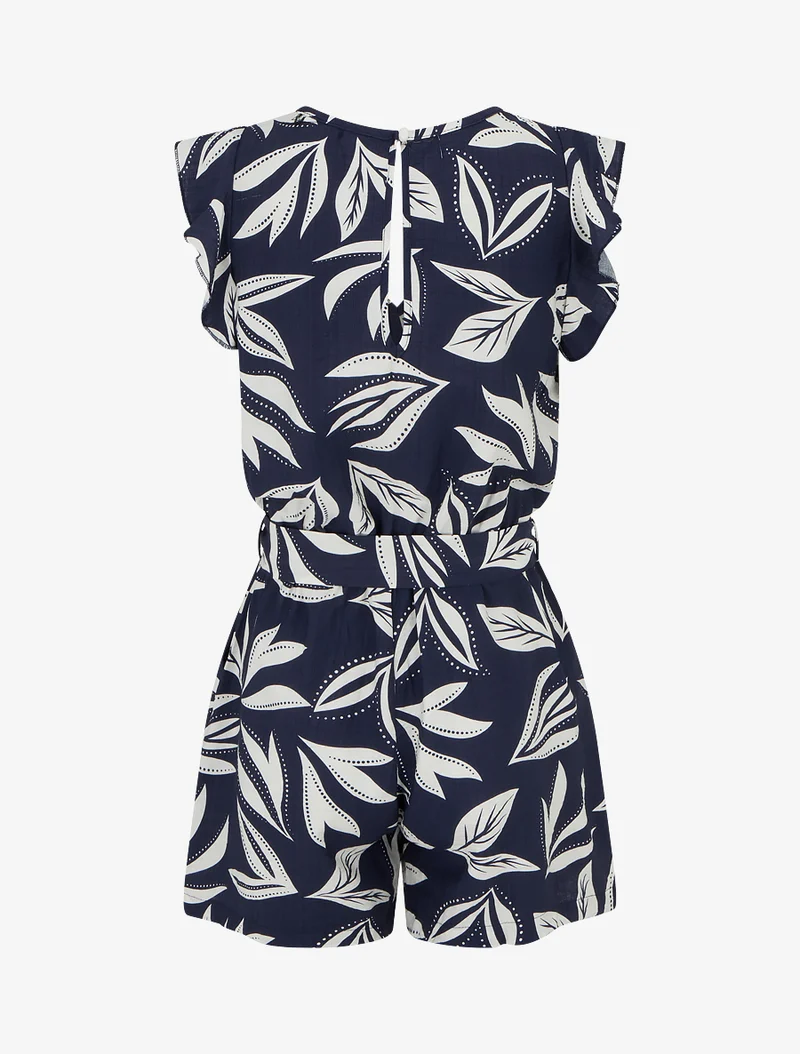 Bedruckter Kurzoverall mit Rüschenärmeln im Blätterdesign - Marine