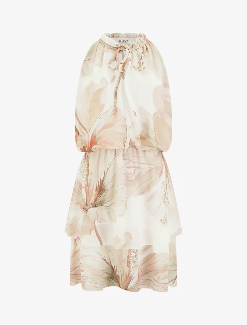 Kleid mit Blumenmuster und elastischer Taille - Beige